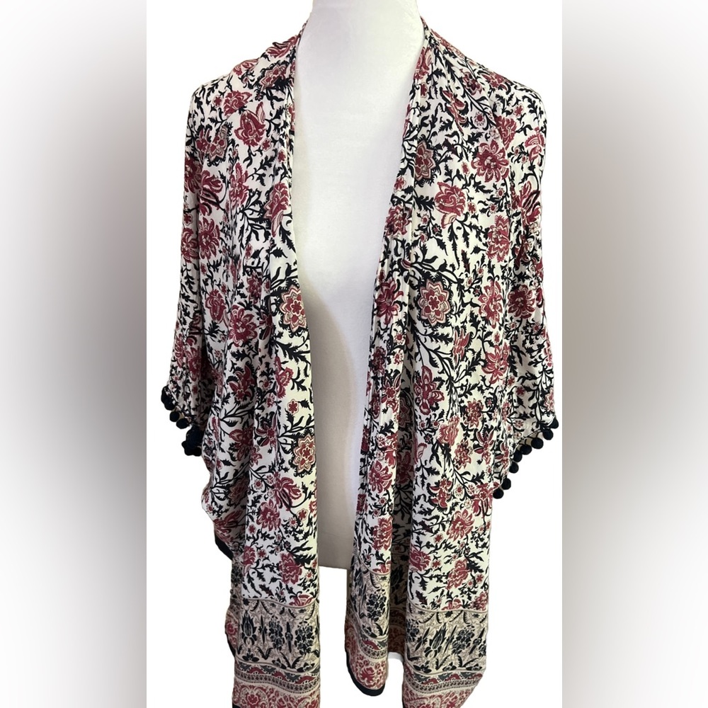 UMGEE USA Kimono Overpiece Cardigan Navy Blue Red Floral with Pom Poms S/M OSFM